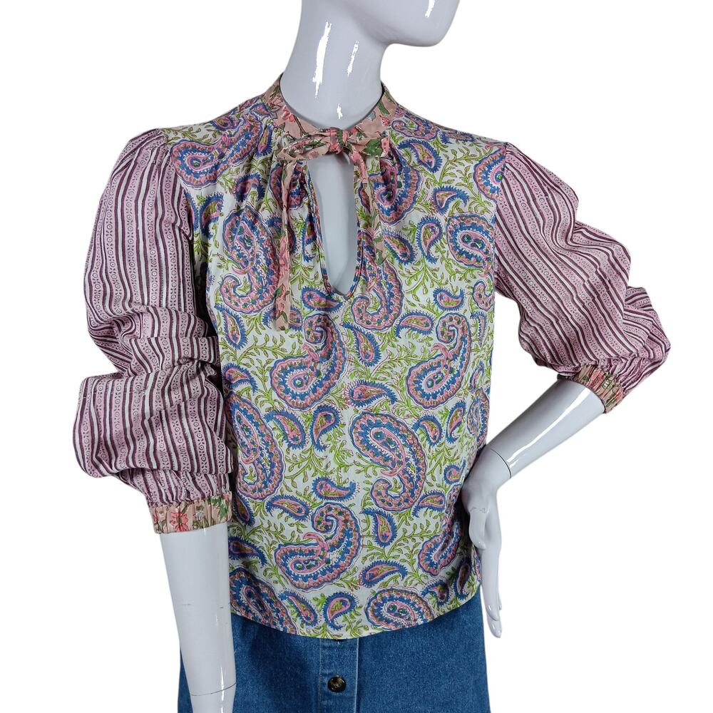 Joey Wolffer Reworked Paisley Boho Blouse Size XS Pink and Blue Long Sleeve